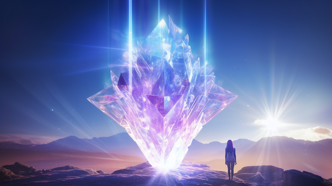 Crystal Power Safeguarding Against 5G EMF and other Radiation Waves - large crystal structure with a peaceful woman standing underneath - almost ethereal