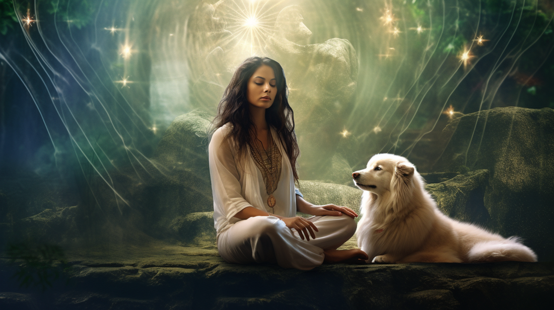 Defend Against 5G and EMF Radiation with Crystals. a serene person mediating with her dog and being protected by the power of crystals