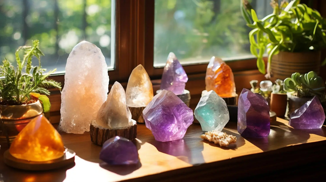 The Ultimate Healing Crystal Guide From Beginner to Advanced - an array of crystals sitting in the light with greenery in the background