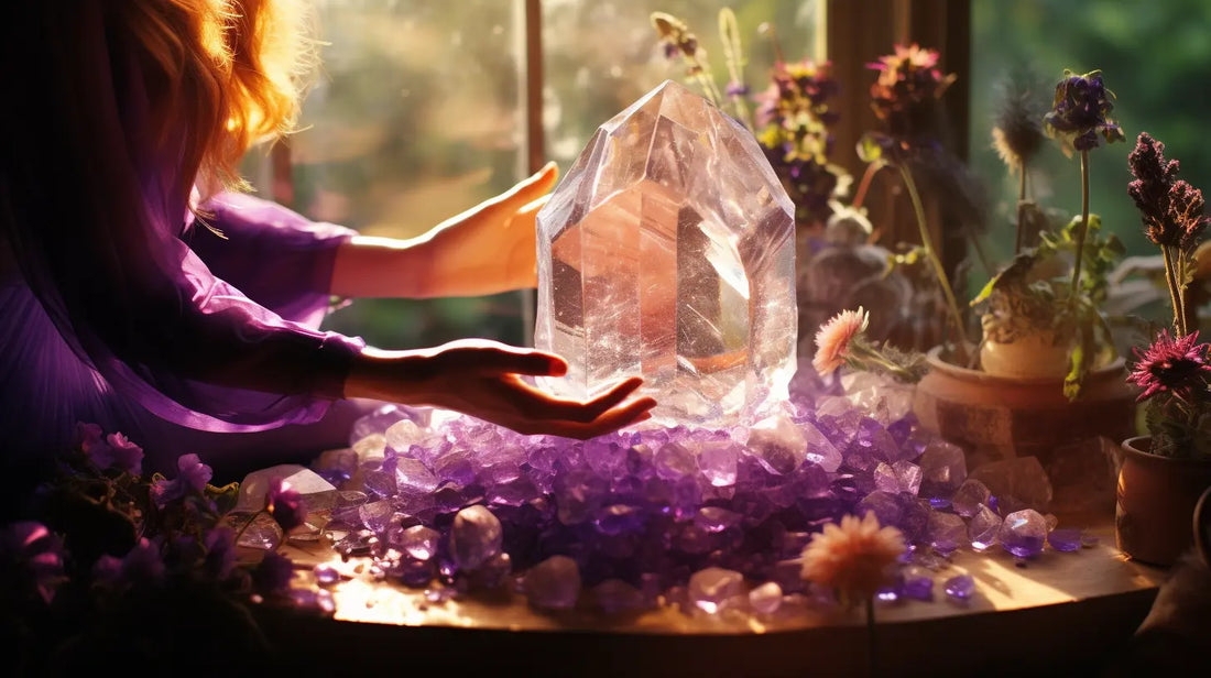 Why Do Crystal Gemstones Have Healing Properties - a serene mediation space with a large quartz surrounded by amethyst sitting in the sunlight