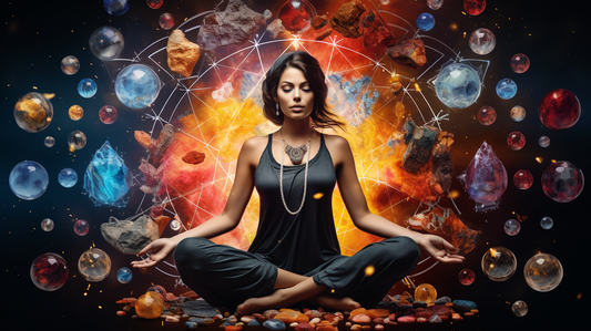 blk moon shop - meditating woman with chakra colors around her and chakra stones suspended in air around her with geometric patterns in the air