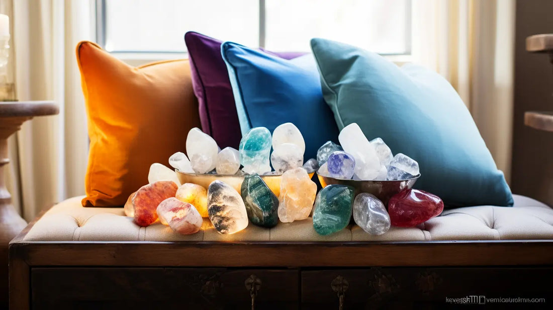 how to harness the healing power of crystal gemstones - an array of crystals sitting on a table in a comfortable living room