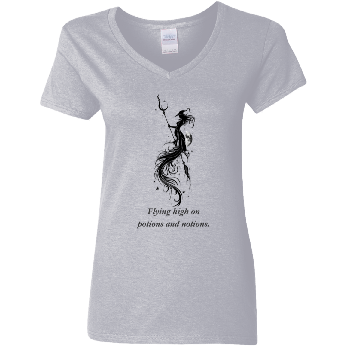 Flying high on potions and notions. Gray graphic T shirt.  from BLK Moon Shop