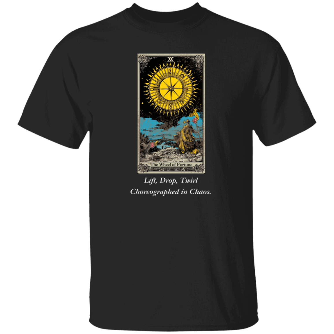 Funny, the wheel of fortune men's black tarot card T shirt from BLK Moon Shop
