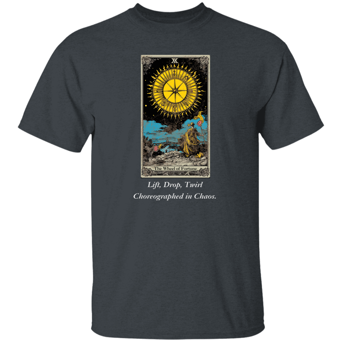 Funny, the wheel of fortune men's gray tarot card T shirt from BLK Moon Shop
