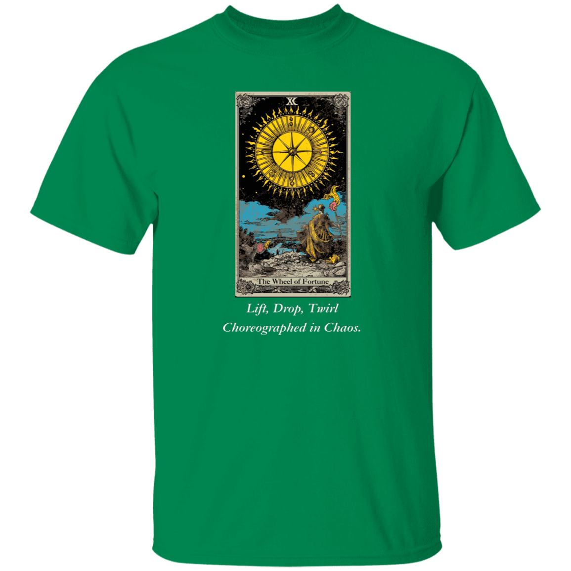 Funny, the wheel of fortune men's green tarot card T shirt from BLK Moon Shop