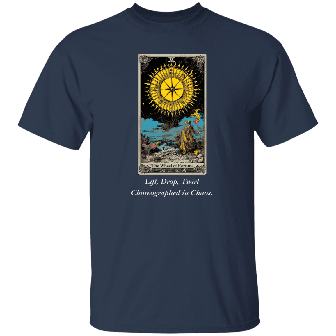 Funny, the wheel of fortune men's navy tarot card T shirt from BLK Moon Shop