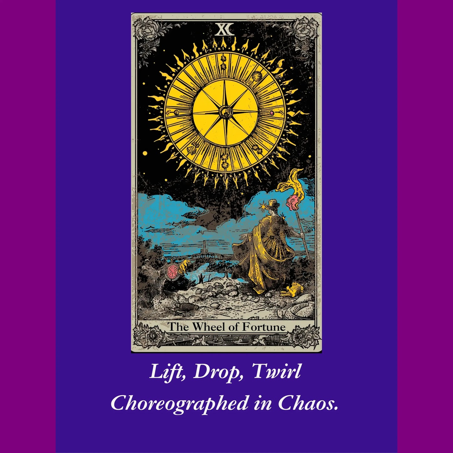 Lift drop twirl choreographed in chaos wheel of Fortune graphic design from BLK Moon Shop.
