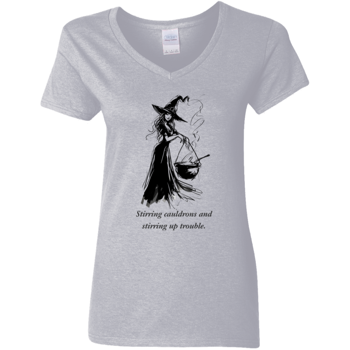 Stirring cauldrons and stirring up trouble. Women's gray graphic T shirt  from BLK Moon Shop