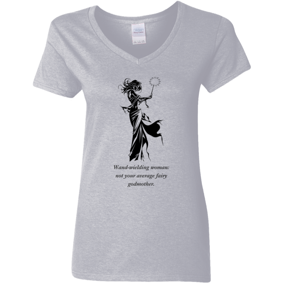 Wand wielding woman, not your average fairy godmother. gray graphic T shirt from BLK Moon Shop