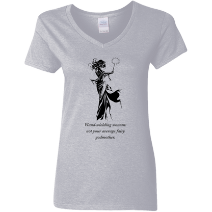 Wand wielding woman, not your average fairy godmother. gray graphic T shirt from BLK Moon Shop