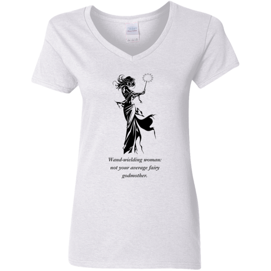 Wand wielding woman, not your average fairy godmother, white graphic T shirt from BLK Moon Shop