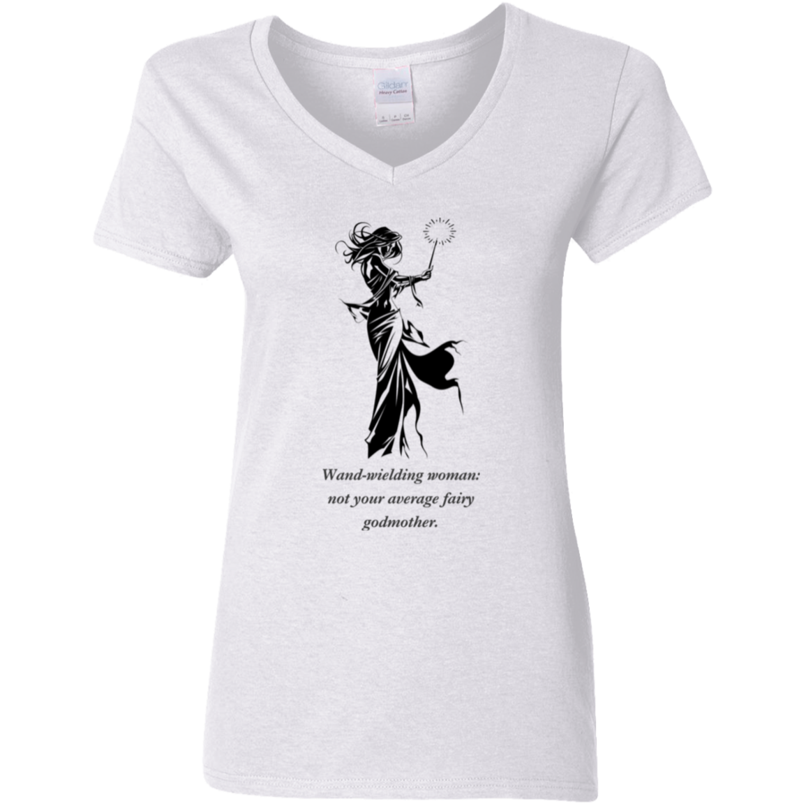 Wand wielding woman, not your average fairy godmother, white graphic T shirt from BLK Moon Shop