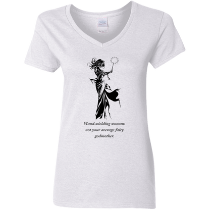 Wand wielding woman, not your average fairy godmother, white graphic T shirt from BLK Moon Shop