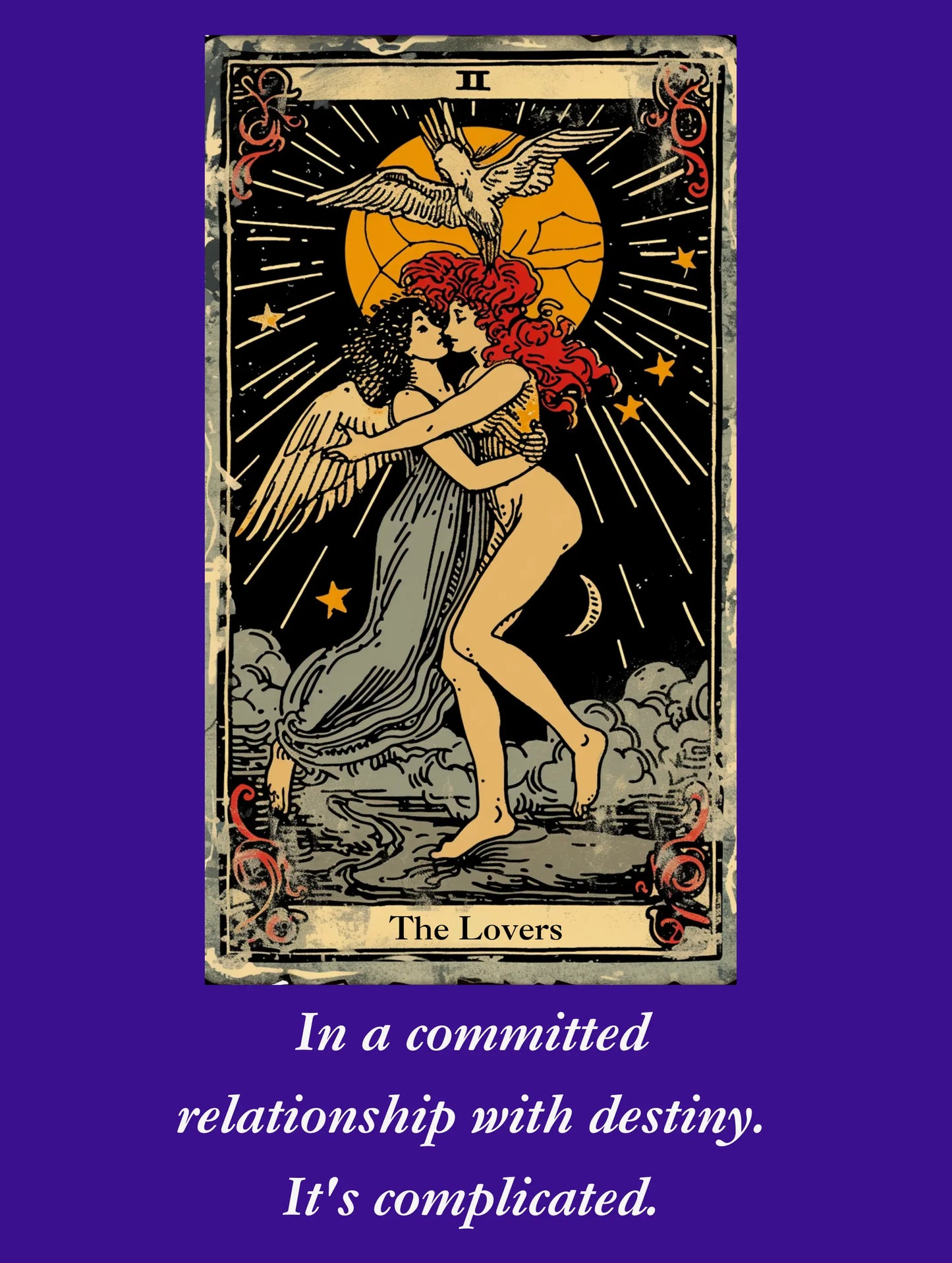 The lovers tarot card in a committed relationship with destiny. It's complicated, graphic design  from BLK Moon Shop